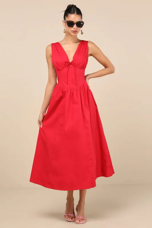 Lettie Red Poplin Plunge Neck Midi Dress sold by Lulus