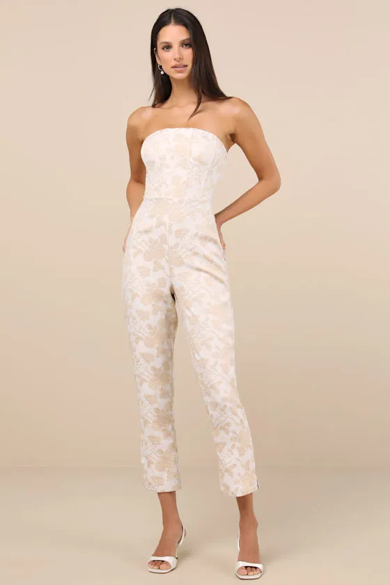 Elisabetta Cream and Gold Jacquard Strapless Cropped Jumpsuit sold by Lulus