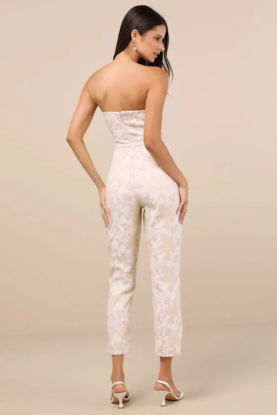 Elisabetta Cream and Gold Jacquard Strapless Cropped Jumpsuit sold by Lulus product image thumbnail 4