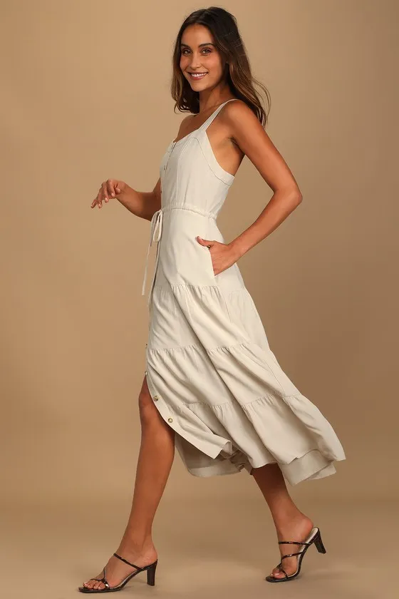 See the City Beige Button-Front Tiered Midi Dress sold by Lulus product image thumbnail 3