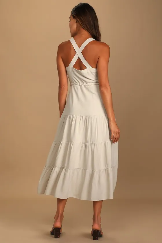 See the City Beige Button-Front Tiered Midi Dress sold by Lulus product image thumbnail 4