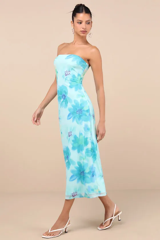 Jaylah Aqua Blue Floral Strapless Mesh Strapless Midi Dress sold by Lulus product image thumbnail 4