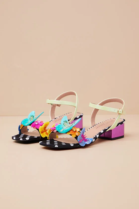 Emerry Black Multi 3D Applique Low Heel Sandals sold by Lulus