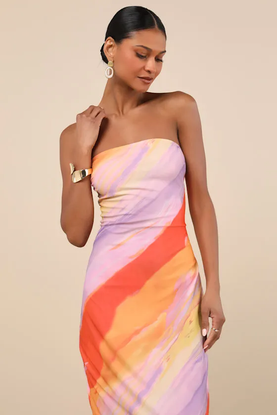 Jaylah Lavender Multi Strapless Mesh Strapless Midi Dress sold by Lulus