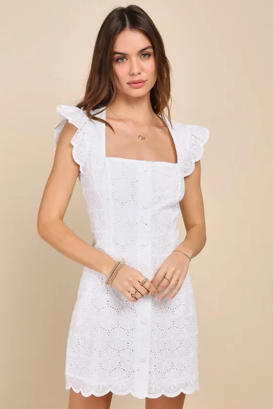 Precious Disposition White Embroidered Button-Up Mini Dress sold by Lulus