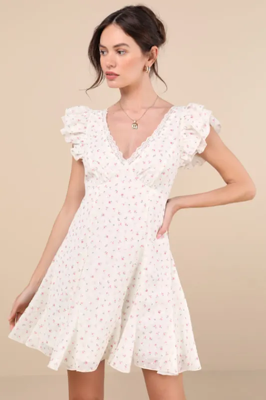 Eben Ivory Ditsy Floral Flutter Sleeve Mini Dress sold by Lulus