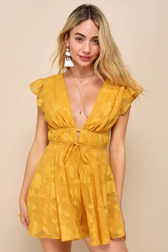 All About The Flowers Yellow Burnout Floral Ruffled Romper sold by Lulus