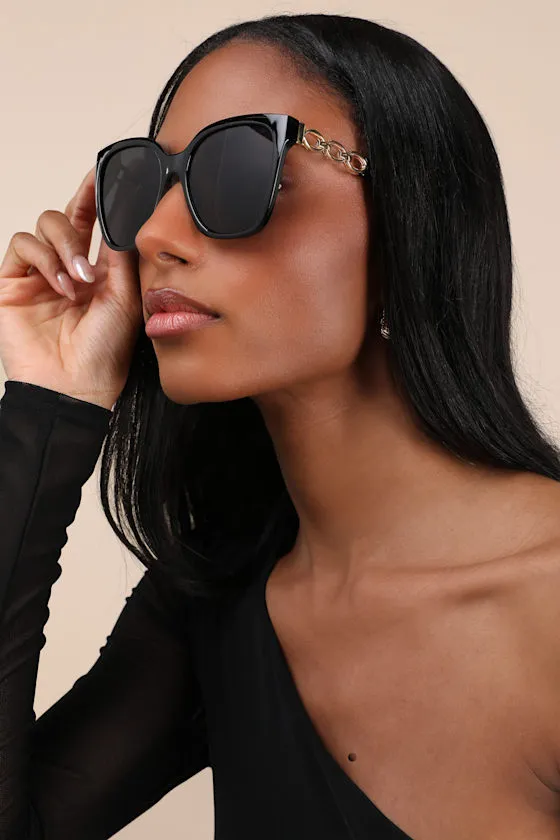 Nadica Black and Gold Oversized Square Sunglasses sold by Lulus
