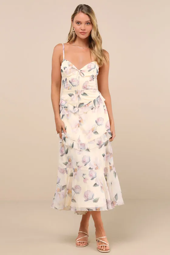 Idonea Light Yellow Floral Ruffled Lace-Up Midi Dress sold by Lulus