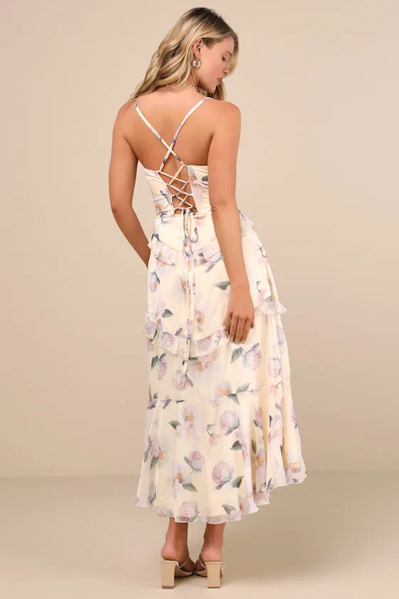 Idonea Light Yellow Floral Ruffled Lace-Up Midi Dress sold by Lulus product image thumbnail 3