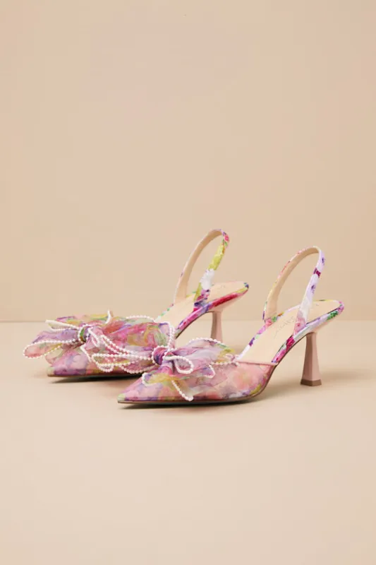SB-Kelli Lime Multi Floral Bow Pointed-Toe Pumps sold by Lulus