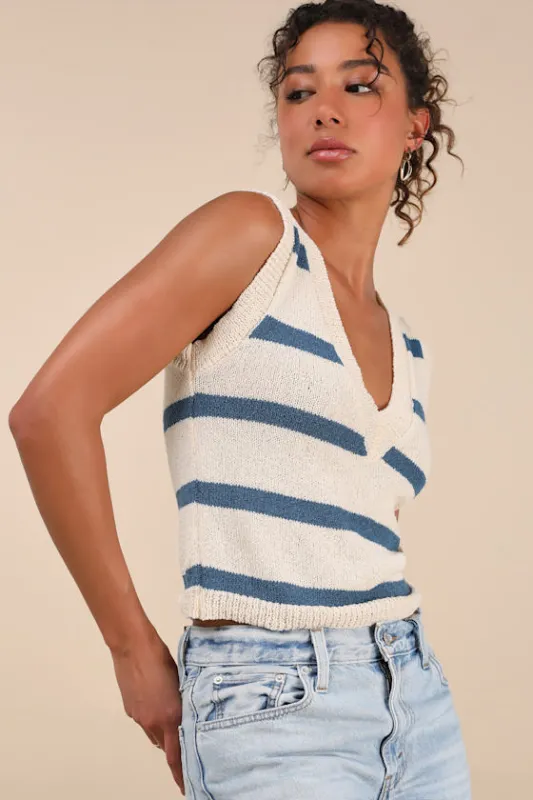 Prisha Cream and Blue Striped V-Neck Sweater Tank Top sold by Lulus