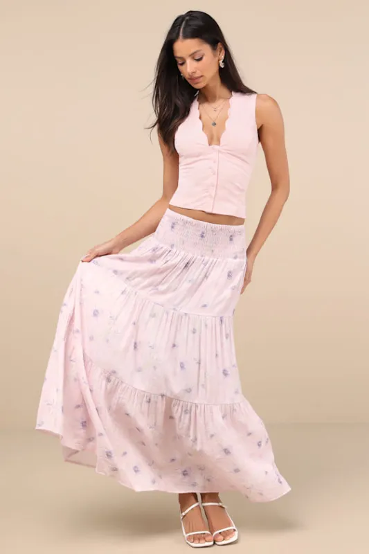 Anthea Light Pink Floral Smocked Tiered Maxi Skirt sold by Lulus