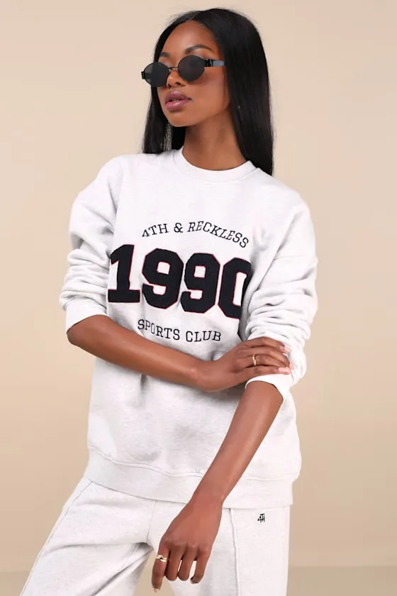 Lila Heather Grey 1990 Graphic Oversized Pullover Sweater sold by Lulus