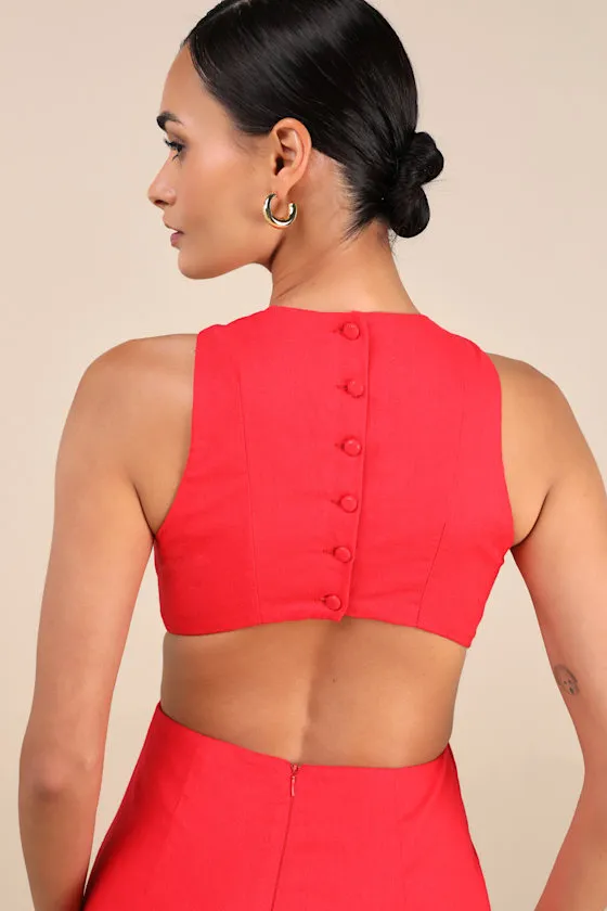 Alouette Red Linen Cutout Mini Dress sold by Lulus