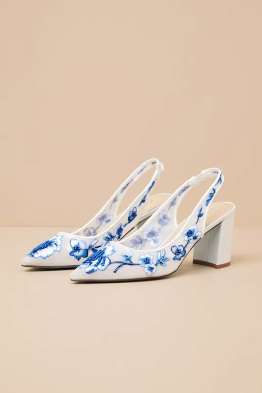 SB-Page White and Blue Floral Embroidered Mesh Slingback Pumps sold by Lulus
