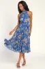 Stunning and Chic Blue Floral Print Tiered Halter Midi Dress sold by Lulus