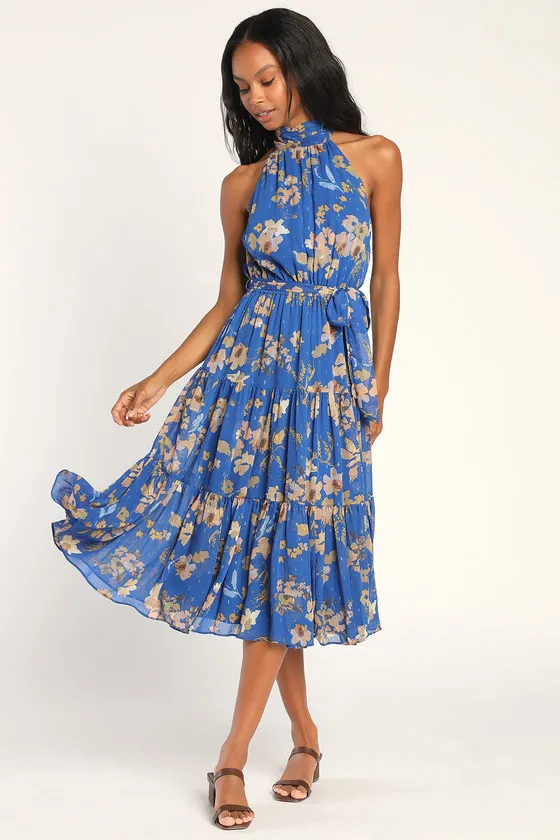 Stunning and Chic Blue Floral Print Tiered Halter Midi Dress sold by Lulus