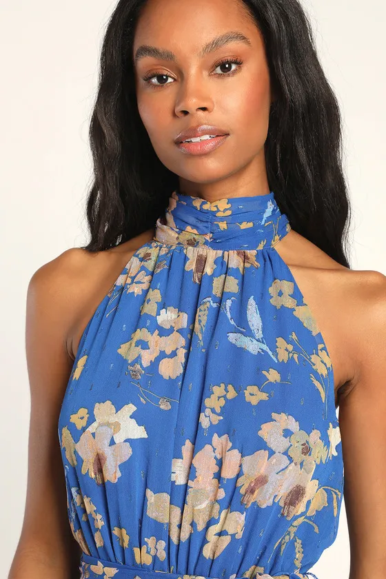 Stunning and Chic Blue Floral Print Tiered Halter Midi Dress sold by Lulus product image thumbnail 2