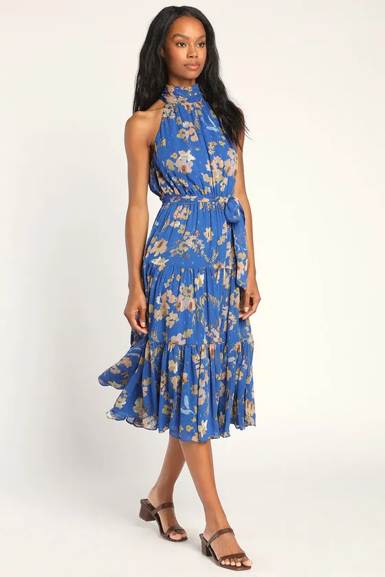 Stunning and Chic Blue Floral Print Tiered Halter Midi Dress sold by Lulus product image thumbnail 3