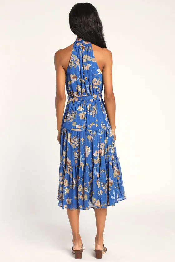 Stunning and Chic Blue Floral Print Tiered Halter Midi Dress sold by Lulus product image thumbnail 4
