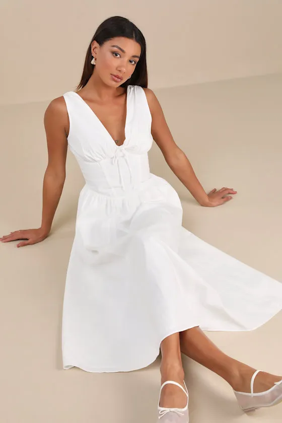 Lettie White Poplin Plunge Neck Midi Dress sold by Lulus