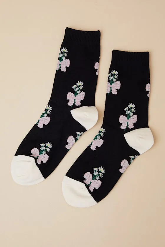 Bluebells Black Floral Bow Socks sold by Lulus