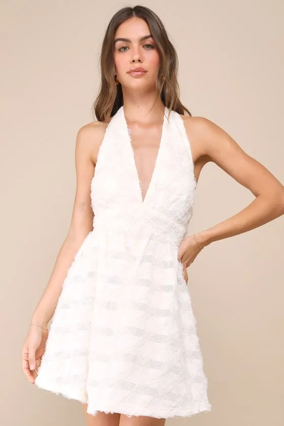 Easily Poised Ivory Textured Halter Mini Dress sold by Lulus