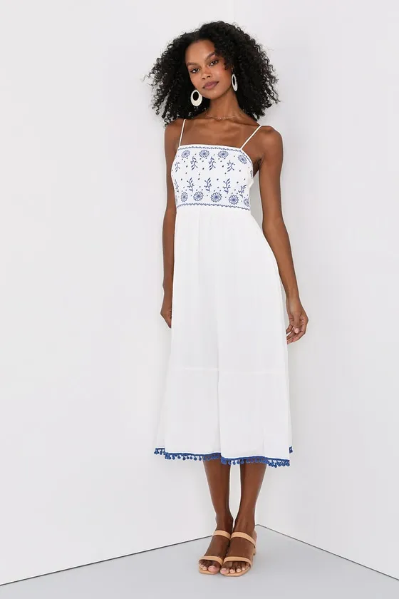 Mallorca Muse White and Blue Embroidered Midi Dress sold by Lulus