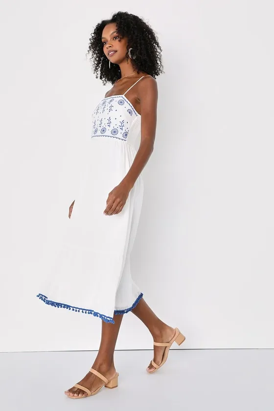 Mallorca Muse White and Blue Embroidered Midi Dress sold by Lulus product image thumbnail 3