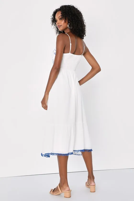 Mallorca Muse White and Blue Embroidered Midi Dress sold by Lulus product image thumbnail 4