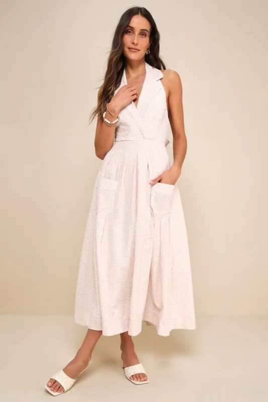 Exceedingly Charming Beige Gingham Tie-Back Halter Midi Dress sold by Lulus