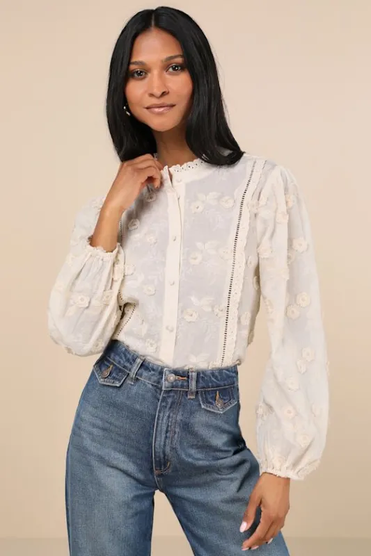 Admired Effect Cream Embroidered Button-Up Top sold by Lulus