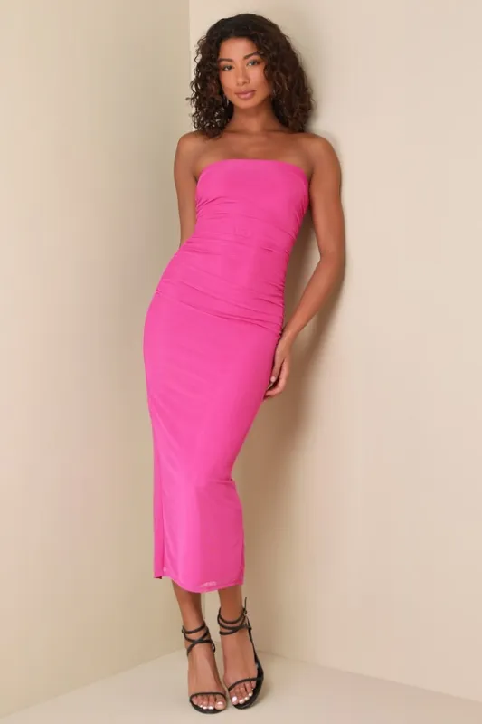 Late Night Crush Magenta Mesh Ruched Strapless Midi Dress sold by Lulus