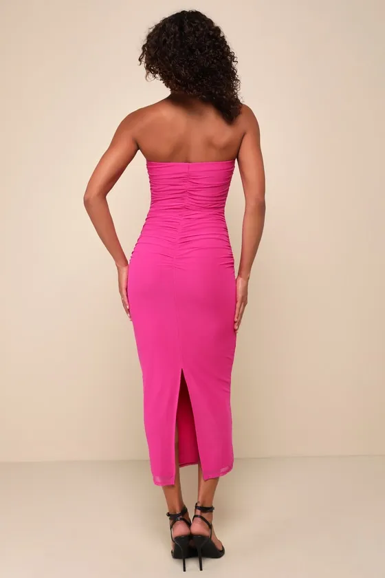Late Night Crush Magenta Mesh Ruched Strapless Midi Dress sold by Lulus product image thumbnail 2