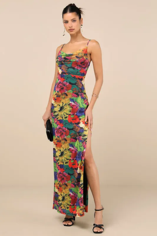 Sunniva Black Multi Print Mesh Cowl Maxi Dress sold by Lulus
