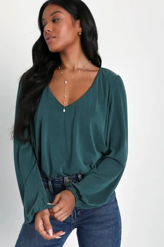 Chic on Repeat Emerald Green V-Neck Long Sleeve Bodysuit sold by Lulus