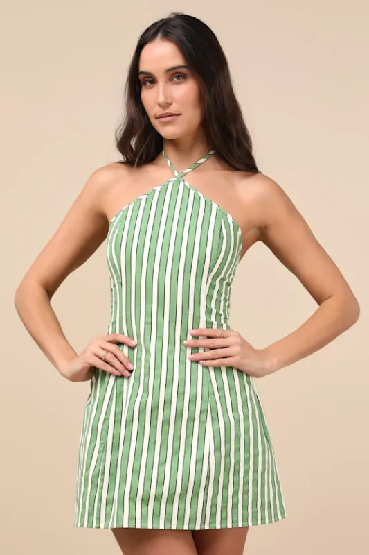 Madelia Green Striped Halter Mini Dress sold by Lulus