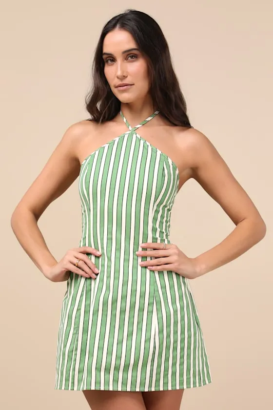 Madelia Green Striped Halter Mini Dress sold by Lulus