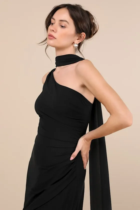 Adeline Black One-Shoulder Scarf Maxi Dress sold by Lulus