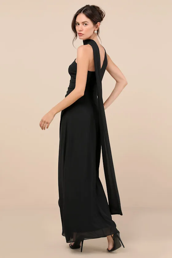 Adeline Black One-Shoulder Scarf Maxi Dress sold by Lulus product image thumbnail 3
