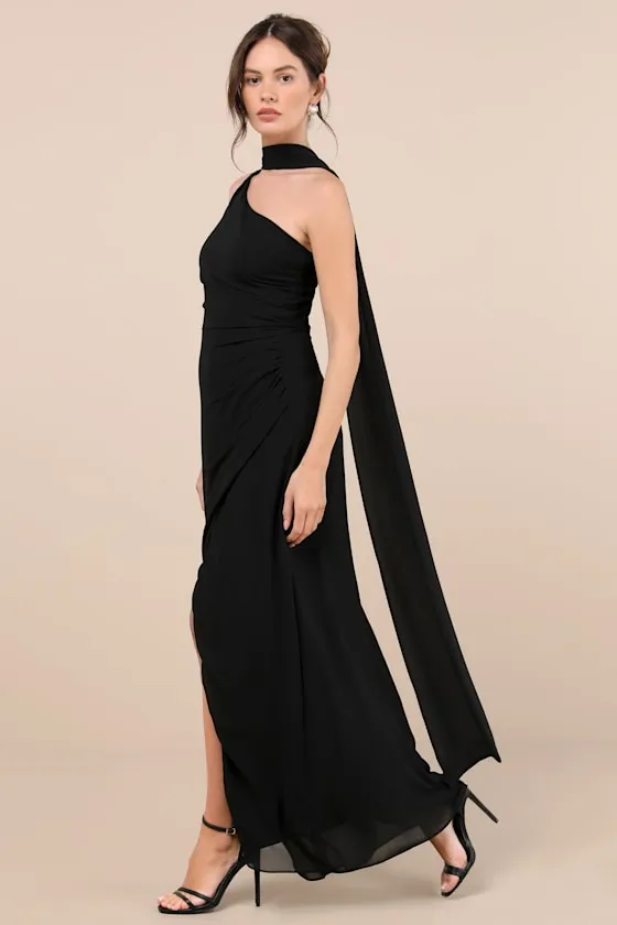 Adeline Black One-Shoulder Scarf Maxi Dress sold by Lulus product image thumbnail 4