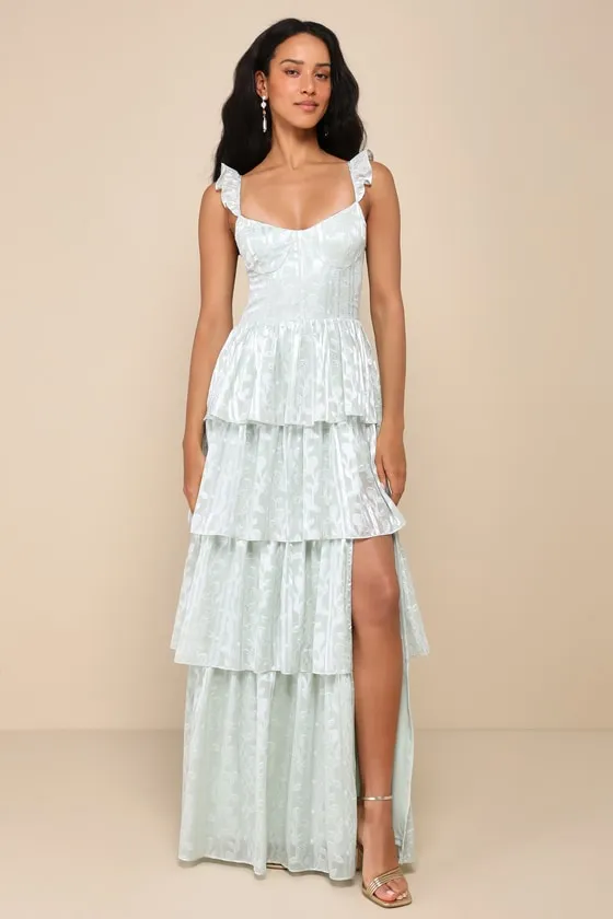 Stunning Glory Sage Green Floral Jacquard Tiered Maxi Dress sold by Lulus