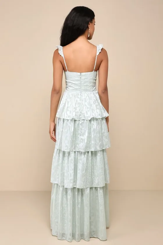 Stunning Glory Sage Green Floral Jacquard Tiered Maxi Dress sold by Lulus product image thumbnail 2