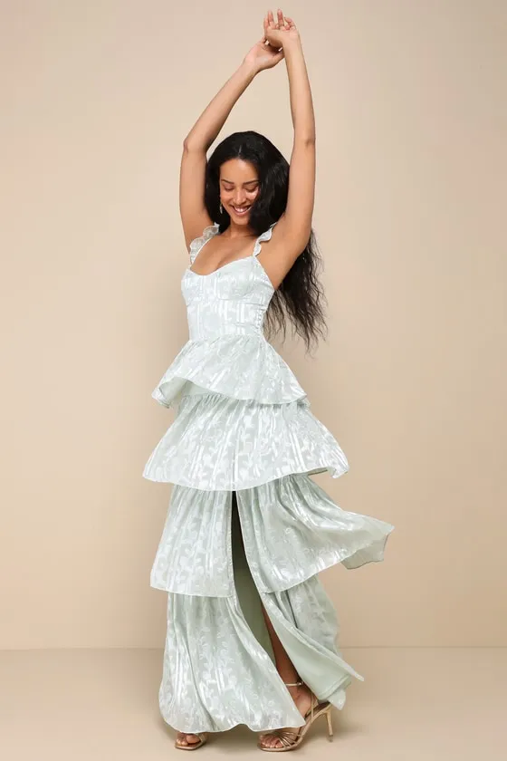 Stunning Glory Sage Green Floral Jacquard Tiered Maxi Dress sold by Lulus product image thumbnail 4