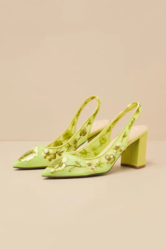 SB-Page Citron Floral Embroidered Mesh Slingback Pumps sold by Lulus