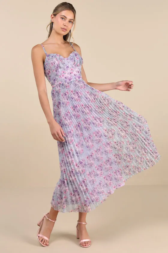 Alluring Invite Purple Multi Floral Pleated Bustier Midi Dress sold by Lulus