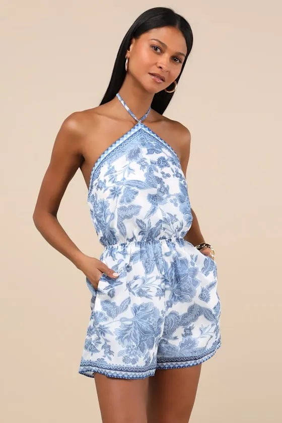 Moya Blue and White Floral Halter Romper sold by Lulus