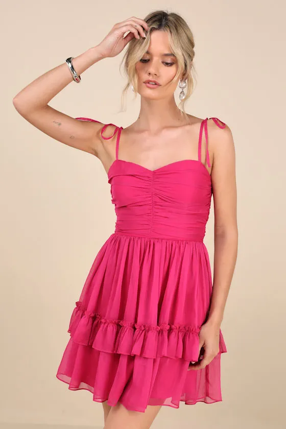 Angelic Approach Hot Pink Chiffon Ruffled Tie-Strap Mini Dress sold by Lulus
