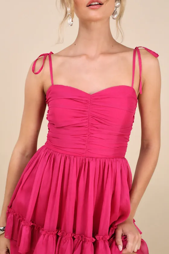 Angelic Approach Hot Pink Chiffon Ruffled Tie-Strap Mini Dress sold by Lulus product image thumbnail 4
